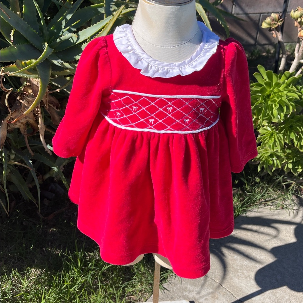 Little Me Baby Dress velvet CHRISTMAS HOLIDAY RuffleS EMBROIDERED BOWS Sz 6M